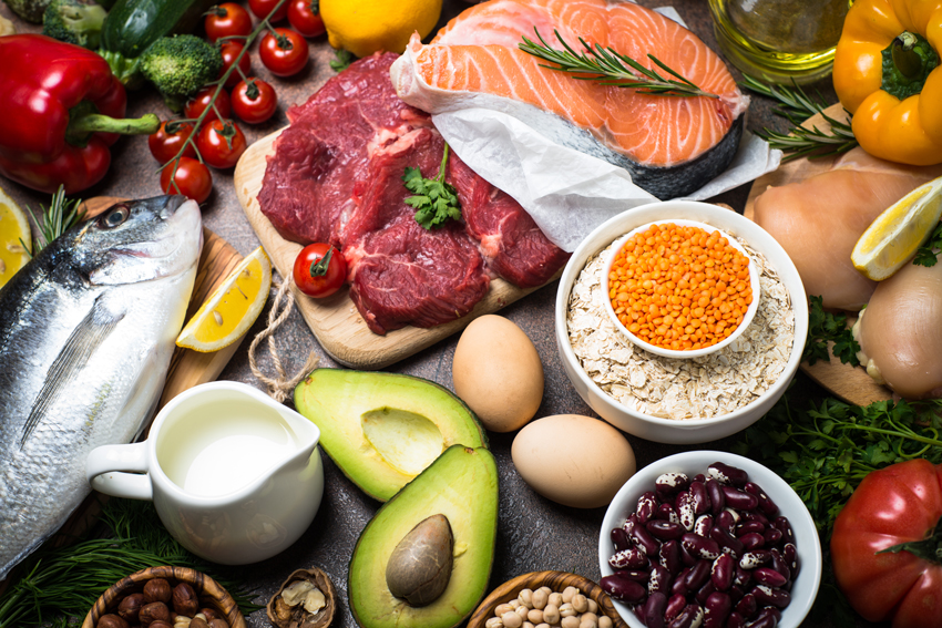 Various protein sources including fish, legumes, dairy and plant foods.