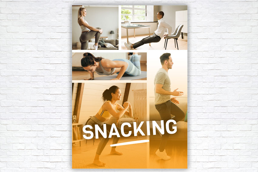 Poster of the FizzUp Snacking program showing people doing exercises and stretching at home.