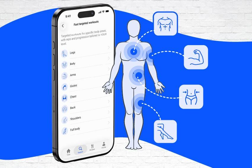 Fast targeted workouts menu in the FizzUp app, with the choice of body areas: legs, belly, arms, glutes, chest, back, shoulders and full body, shown alongside a human silhouette.